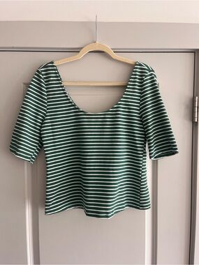Anthropologie Women's Green and White Striped Scoop Neck Top